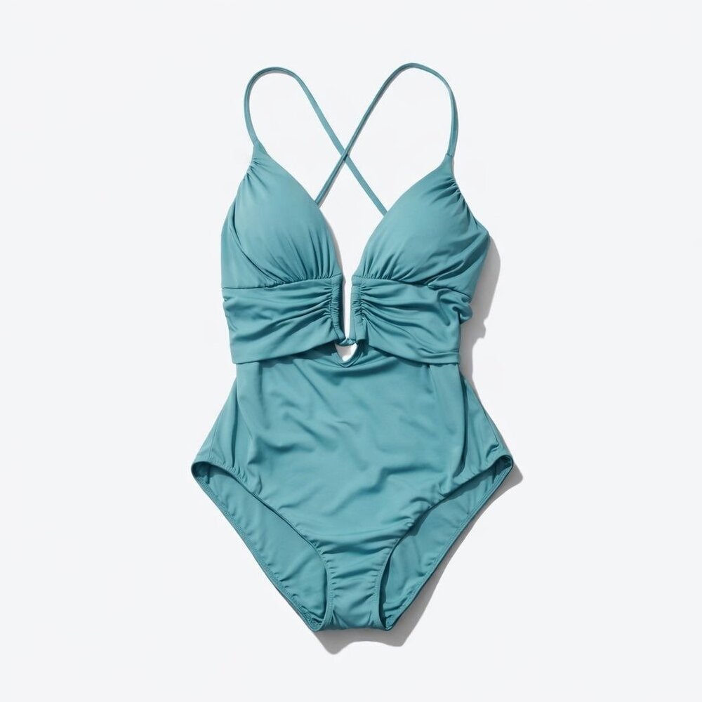 Becca Bristol Plunge One-Piece Cutout Crisscross Swimsuit Mineral Blue Size S